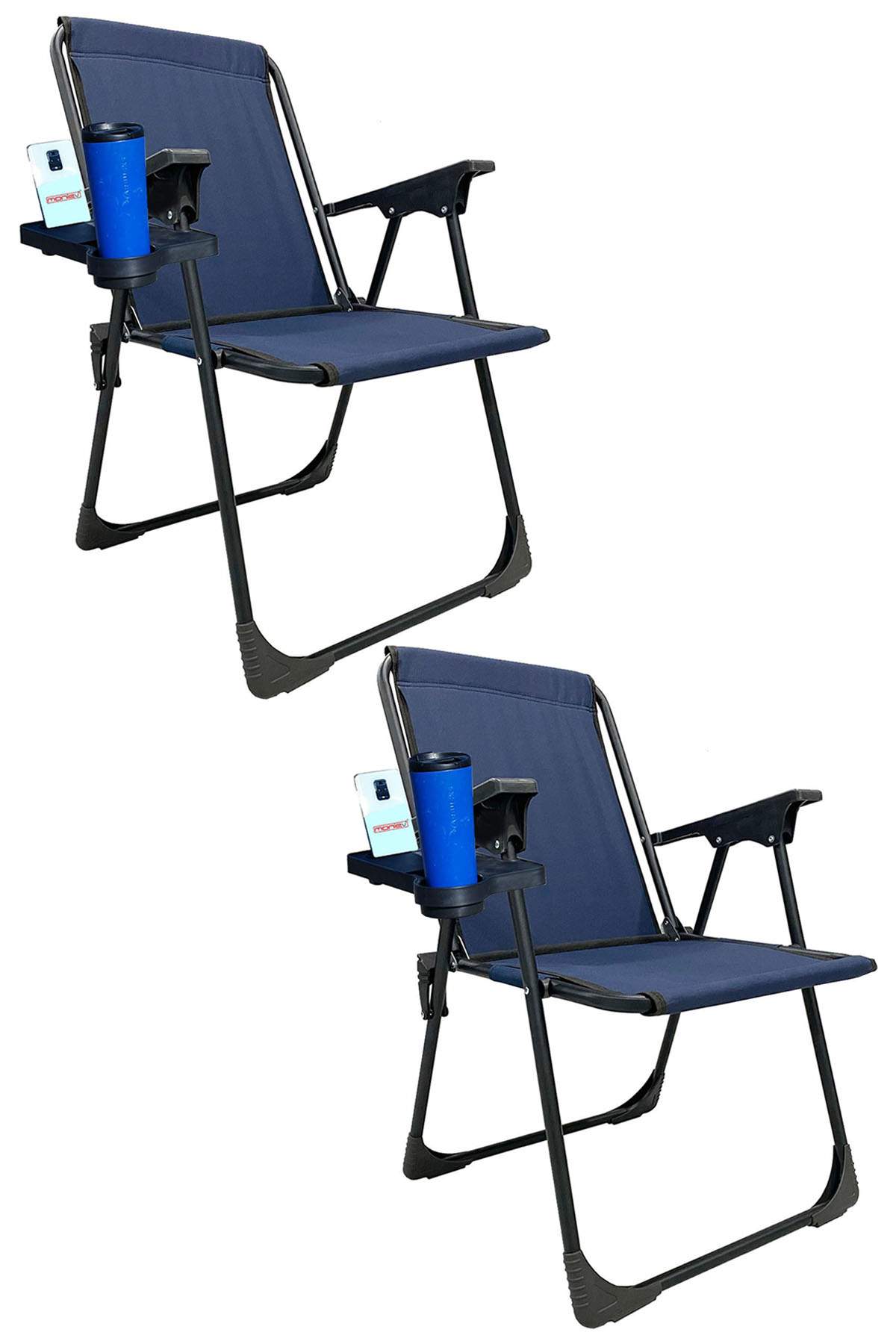 2 Adet Kamp Sandalyesi Katlanır Piknik Sandalye Dikdörtgen Bardaklıklı Lacivert