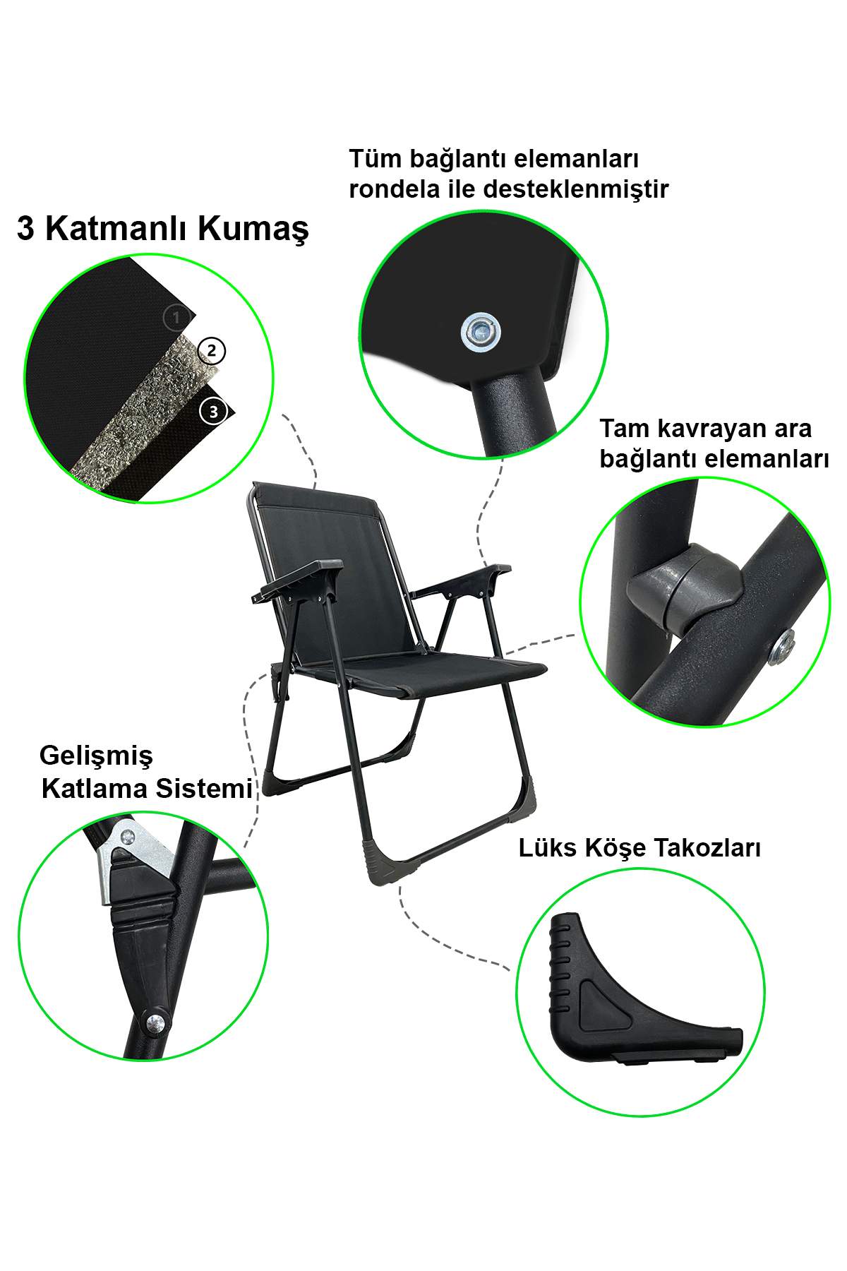 2 Adet Kamp Sandalyesi Katlanır Piknik Sandalye Oval Bardaklıklı Siyah