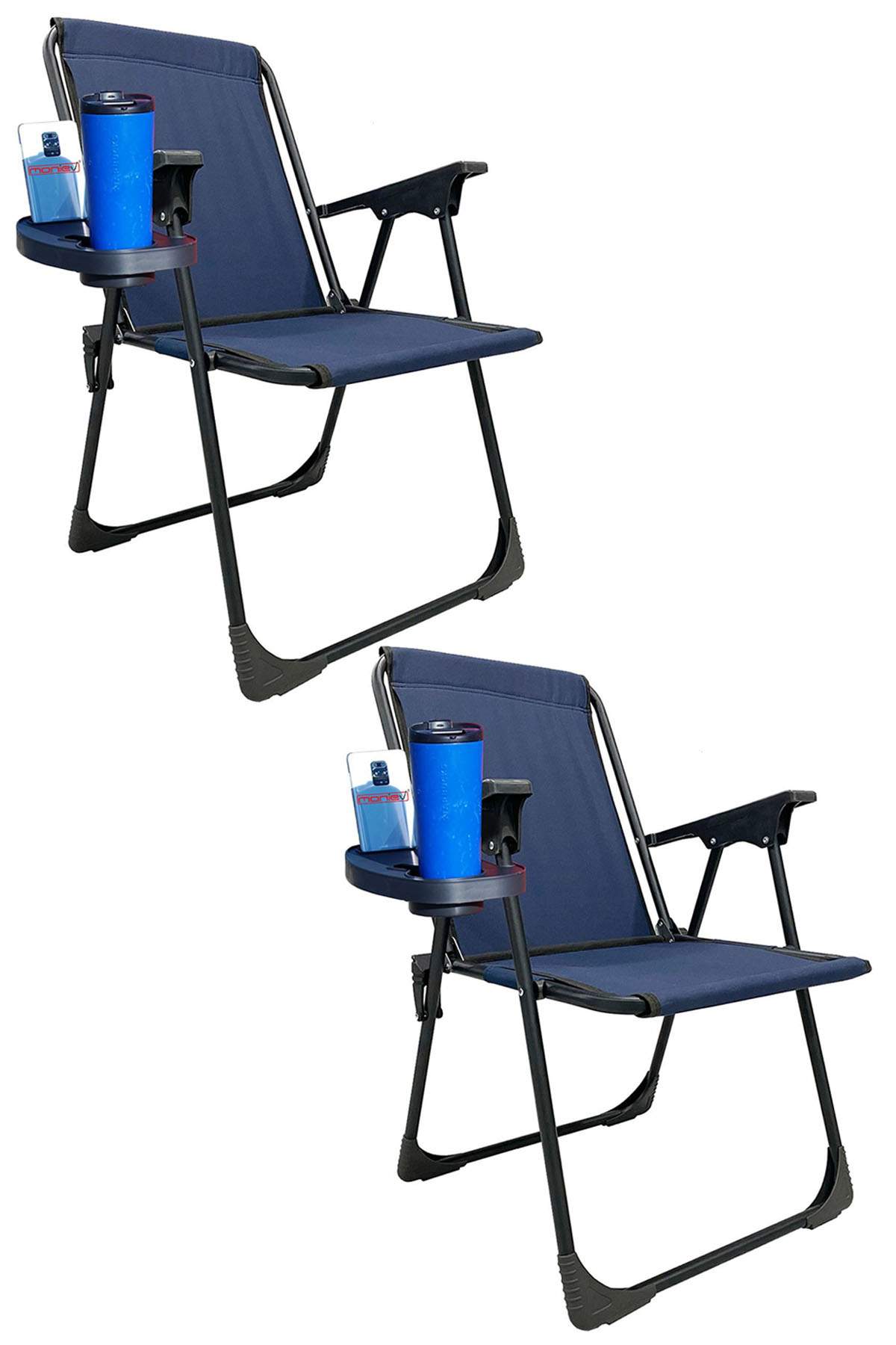 2 Adet Kamp Sandalyesi Katlanır Piknik Sandalye Oval Bardaklıklı Lacivert