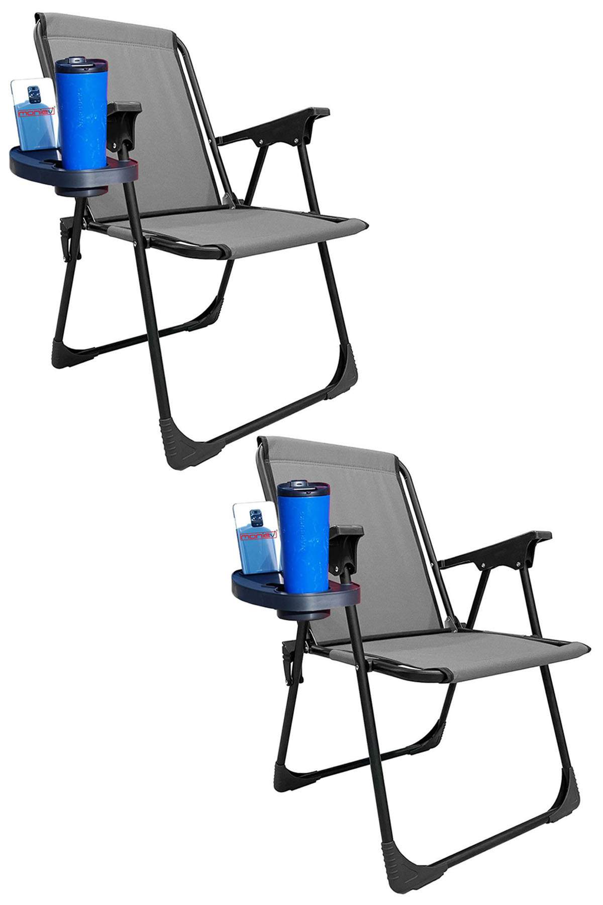 2 Adet Kamp Sandalyesi Katlanır Piknik Sandalye Oval Bardaklıklı Gri