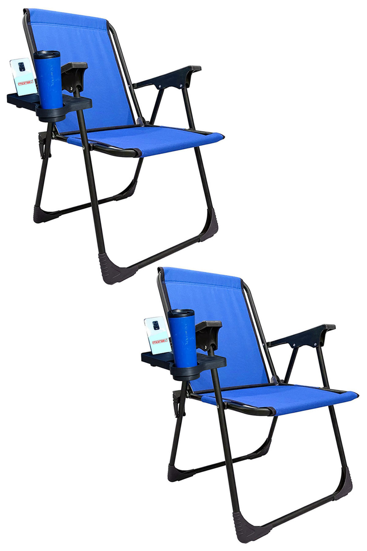 2 Adet Kamp Sandalyesi Katlanır Piknik Sandalye Dikdörtgen Bardaklıklı Mavi