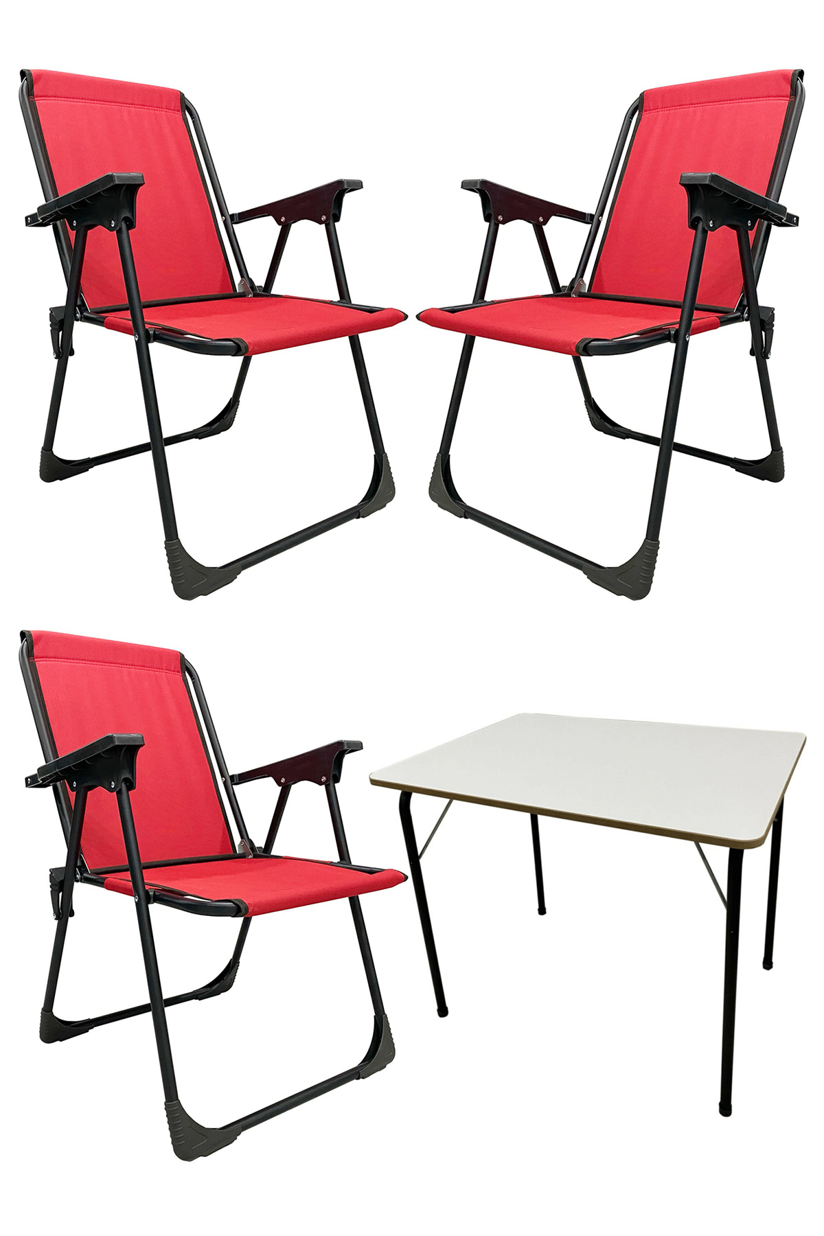3 Adet Katlanır Kamp Sandalyesi Piknik Koltuğu Plaj Şezlongu Kırmızı + MDF Masa