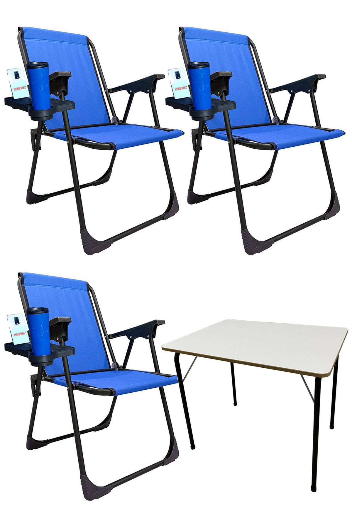 3 Adet Katlanır Kamp Sandalyesi Piknik Koltuğu Plaj Şezlongu Dikdörtgen Bardaklıklı Mavi + MDF Masa