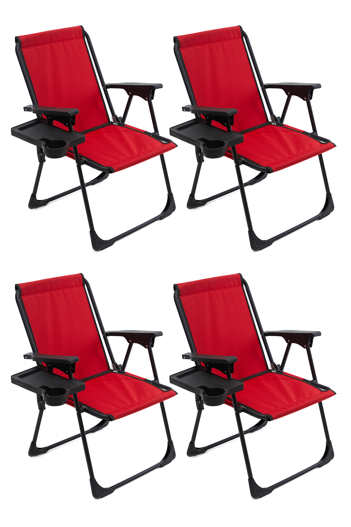 4 Adet Katlanır Kamp Sandalyesi Piknik Koltuğu Plaj Şezlongu Dikdörtgen Bardaklıklı Kırmızı