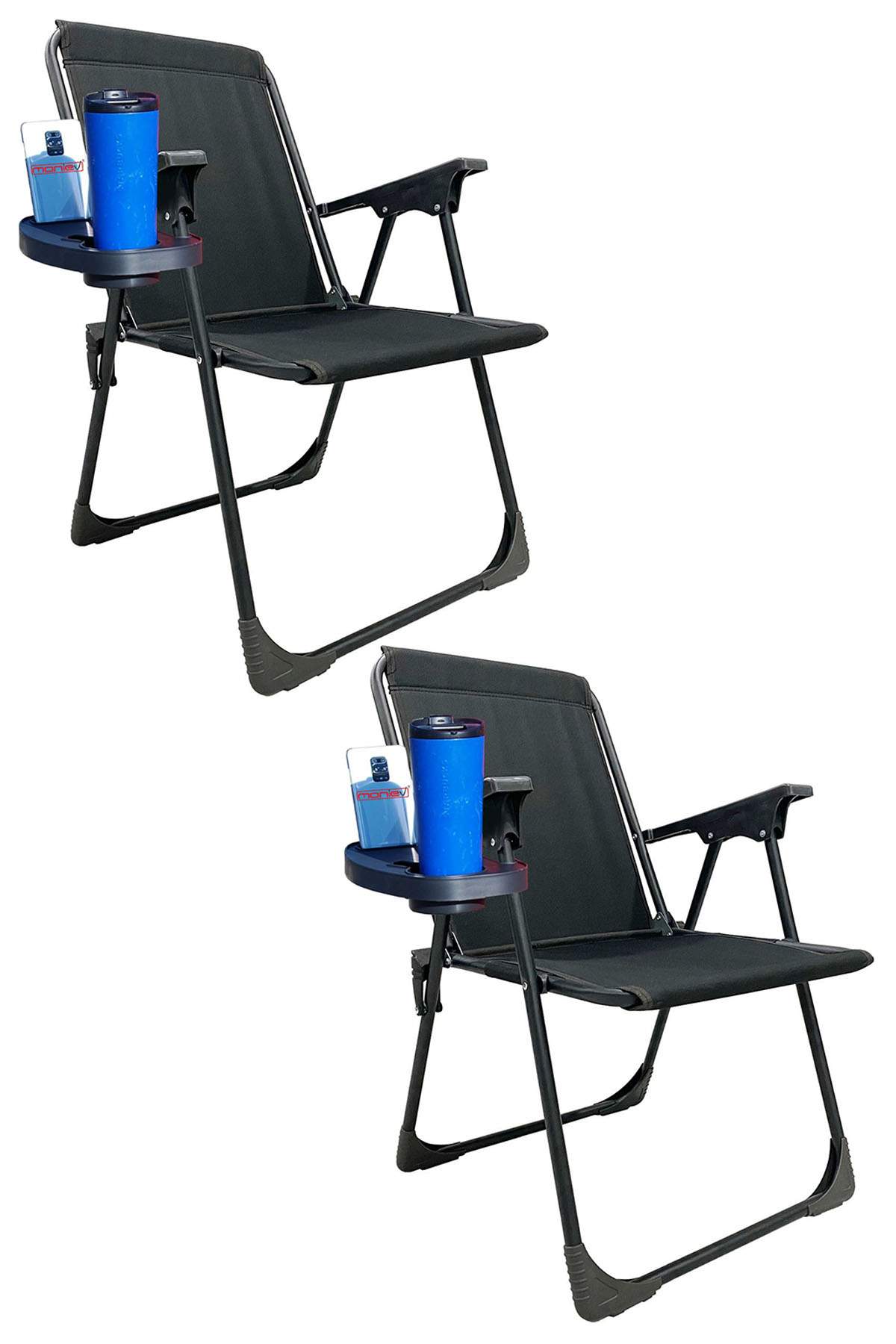 2 Adet Kamp Sandalyesi Katlanır Piknik Sandalye Oval Bardaklıklı Siyah