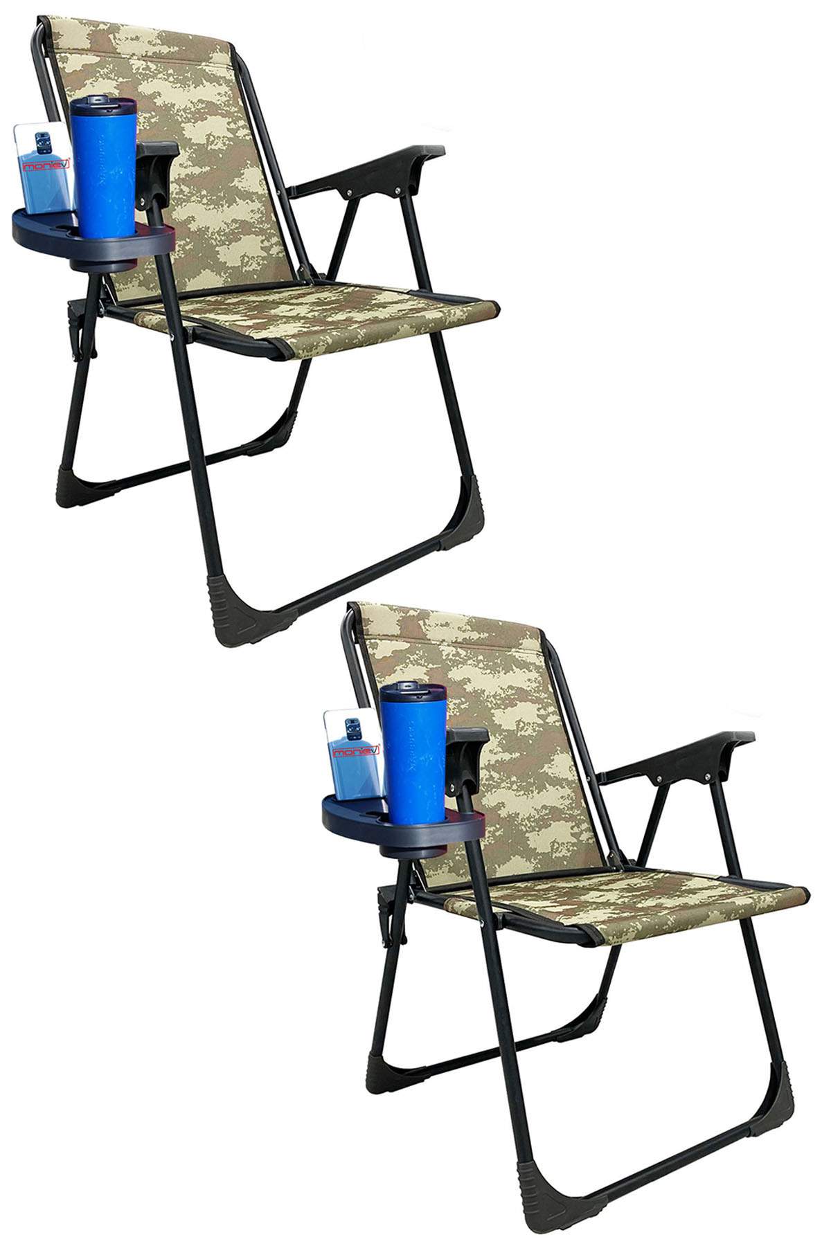 2 Adet Kamp Sandalyesi Katlanır Piknik Sandalye Oval Bardaklıklı Kamuflaj