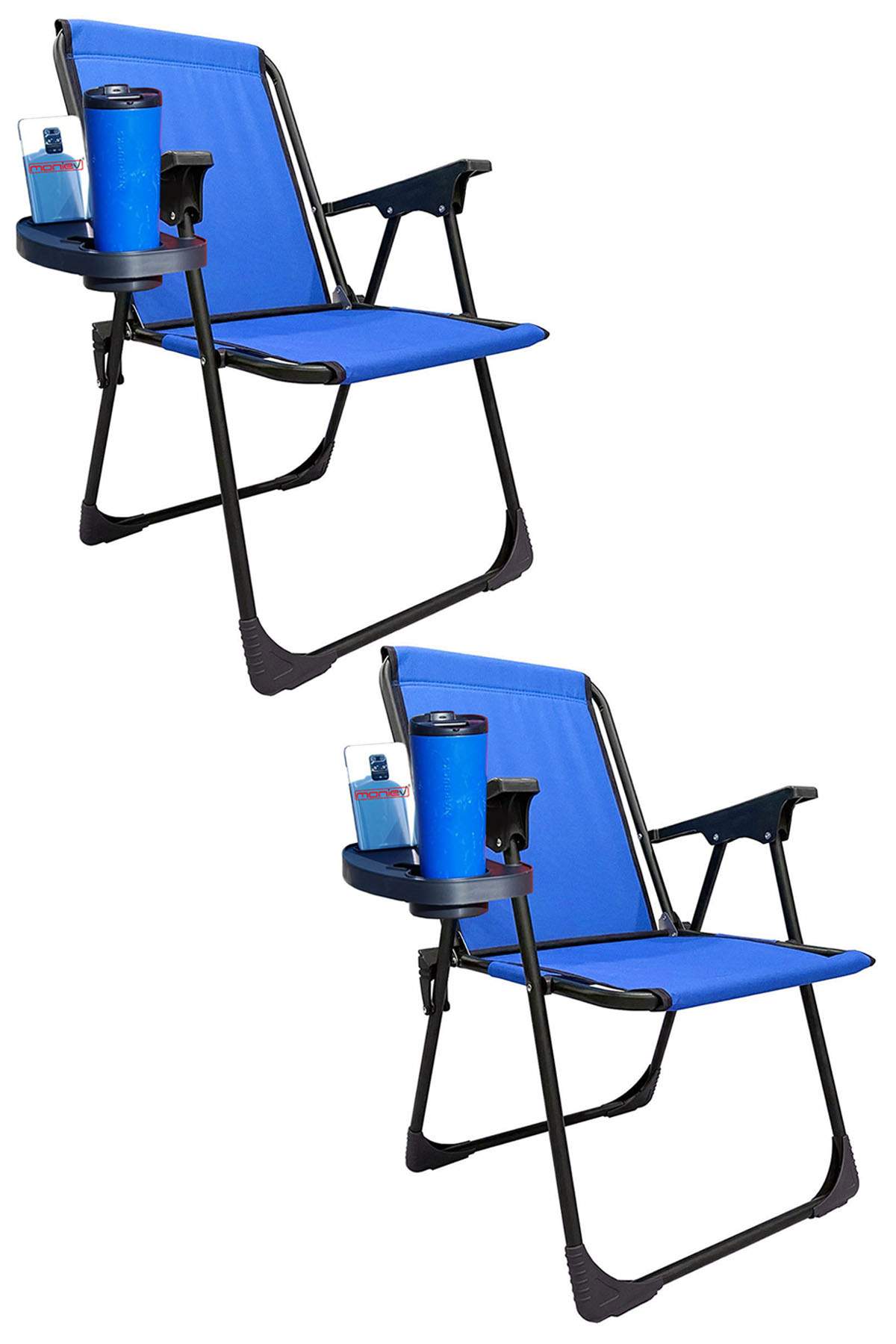 2 Adet Kamp Sandalyesi Katlanır Piknik Sandalye Oval Bardaklıklı Mavi