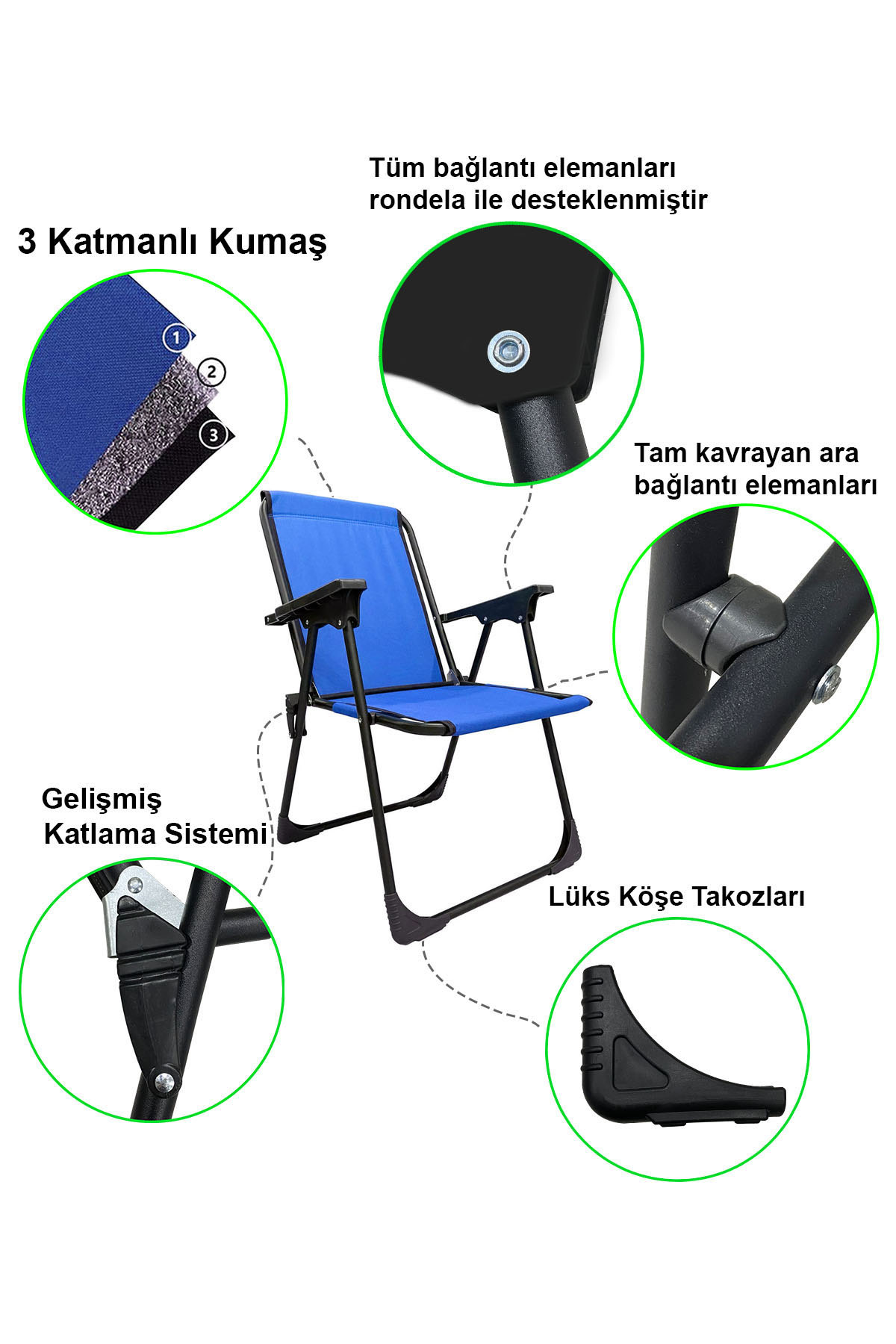 2 Adet Kamp Sandalyesi Katlanır Piknik Sandalye Dikdörtgen Bardaklıklı Mavi