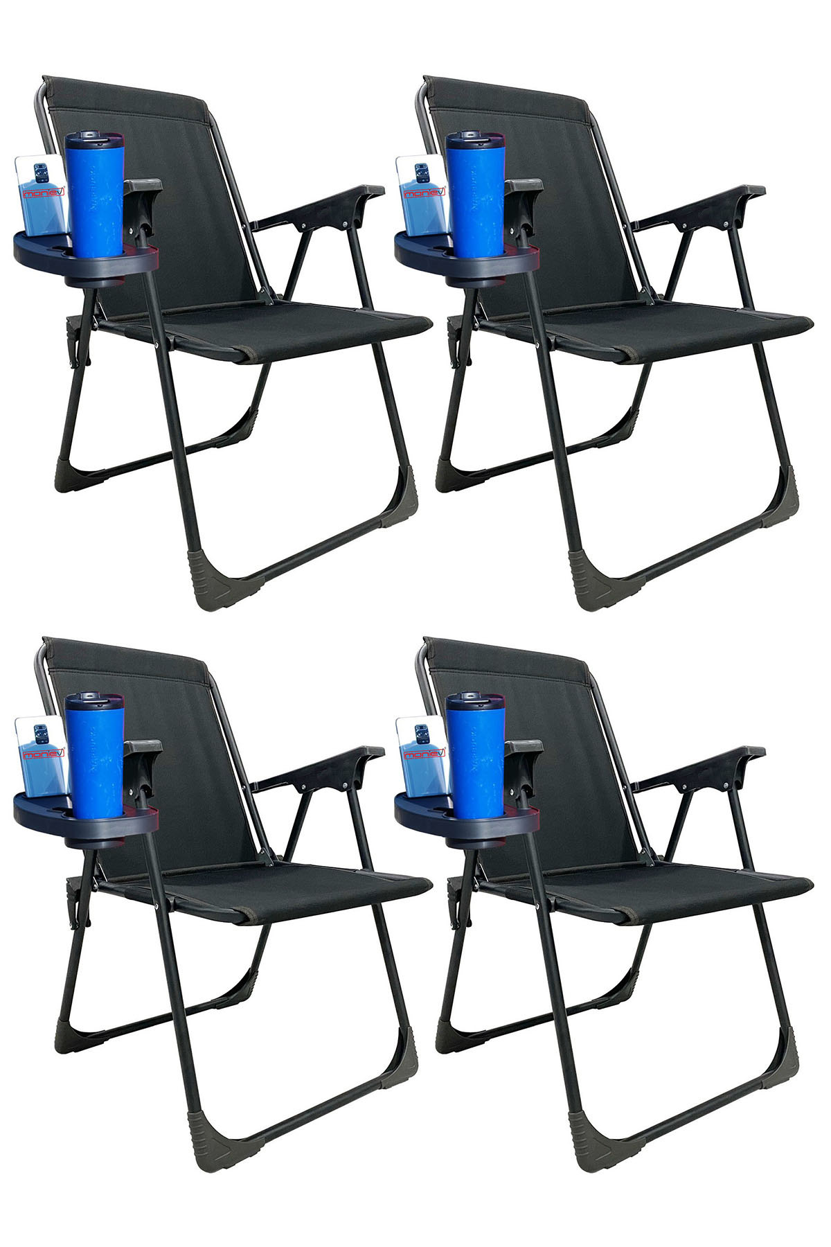 4 Adet Katlanır Kamp Sandalyesi Piknik Koltuğu Plaj Şezlongu Oval Bardaklıklı Siyah