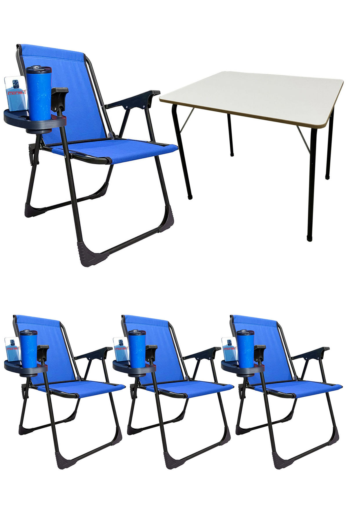 4 Adet Katlanır Kamp Sandalyesi Piknik Koltuğu Plaj Şezlongu Oval Bardaklıklı Mavi + MDF Masa