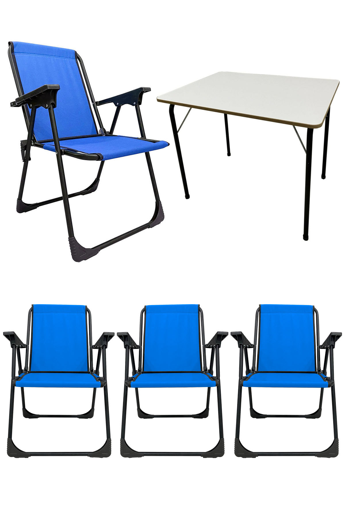 4 Adet Katlanır Kamp Sandalyesi Piknik Koltuğu Plaj Şezlongu Mavi + MDF Masa