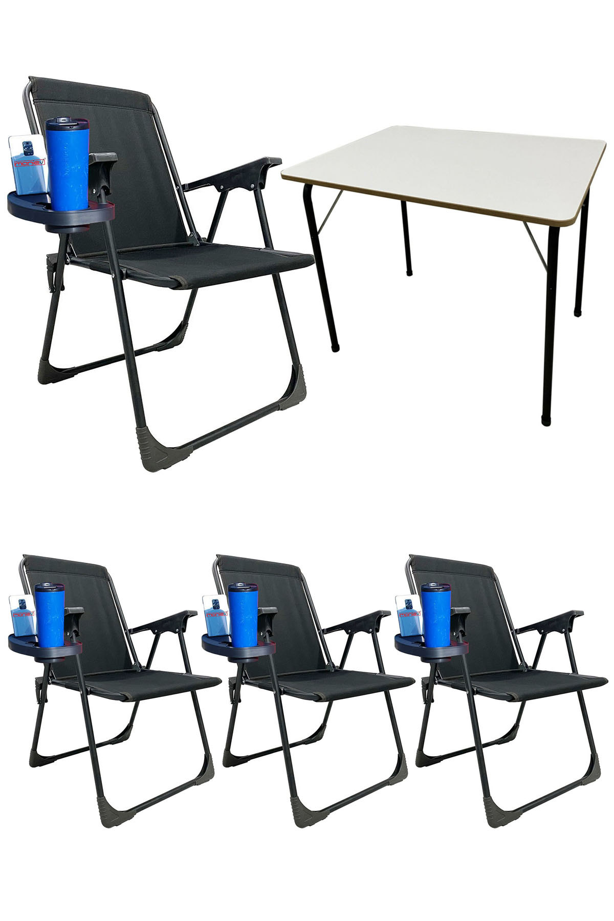 4 Adet Katlanır Kamp Sandalyesi Piknik Koltuğu Plaj Şezlongu Oval Bardaklıklı Siyah + MDF Masa