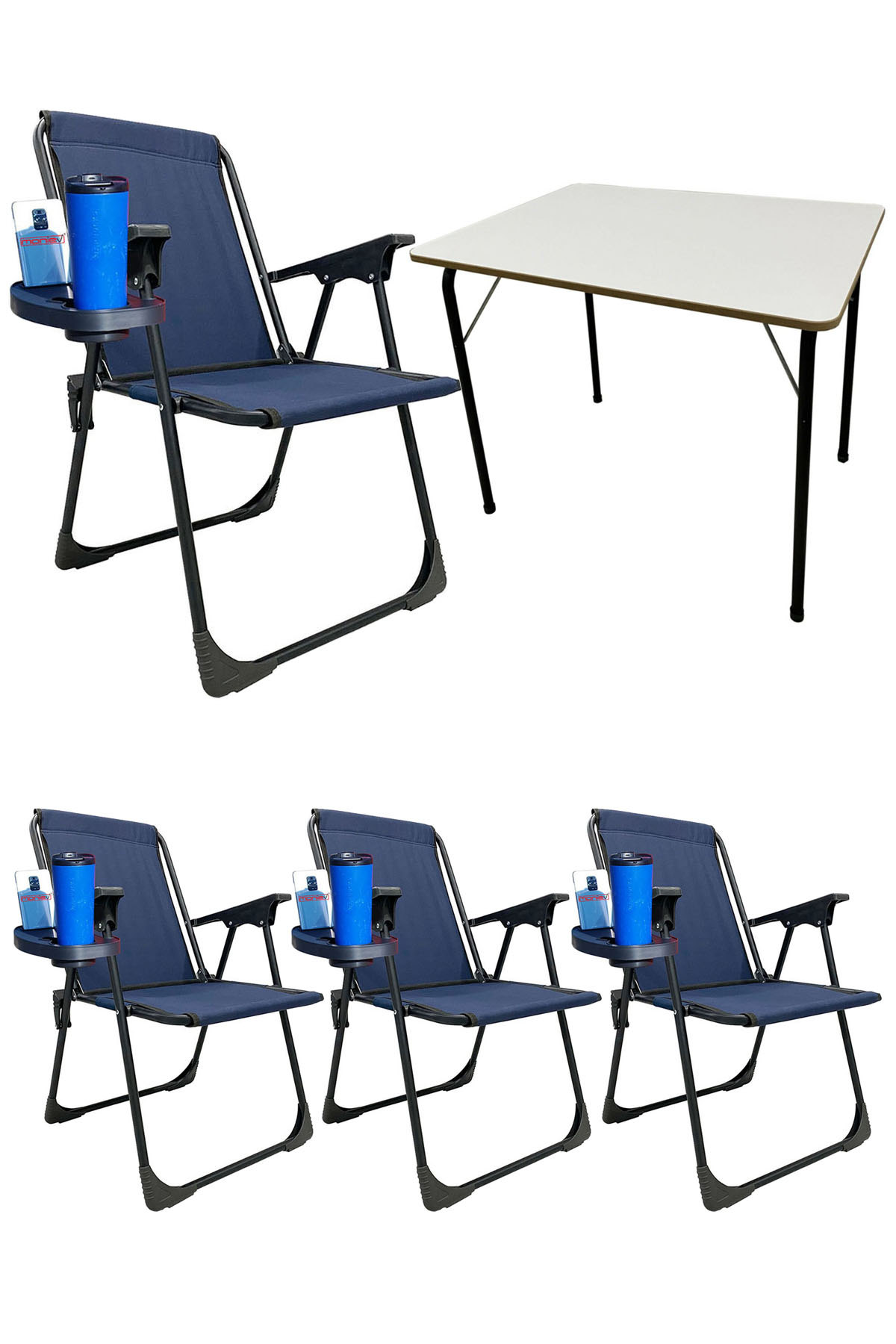 4 Adet Katlanır Kamp Sandalyesi Piknik Koltuğu Plaj Şezlongu Oval Bardaklıklı Lacivert + MDF Masa